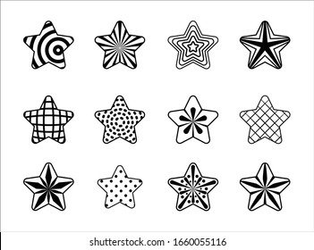 Vector star set, black star collection, stars in line art, stylized outline stars, isolated stars on white background