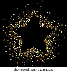 Vector star shaped frame. Scatter of colored circles dots rings spirals. Dynamic confetti vector illustration for holiday celebration decoration, paper packaging, textile, covers