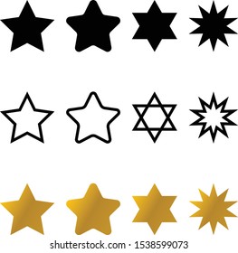 Vector Star Formen in Schwarz, Gold und Linienkunst. 