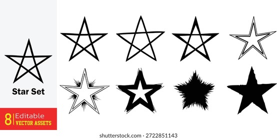 Vector Star Shapes Set Collection with Various Line Styles and Grungy Textures for Graphic Design

This professional collection features a versatile set of vector  shapes designed for creative graphic design projects. The set showcases eight distinct star illustrations each offering a unique artistic style including simple outlines distressed borders and grungy textures for a vintage or industrial feel. These vectorial assets are meticulously crafted to provide a wide range of aesthetic options from clean and modern to rustic and weathered looks. Each style is isolated on a transparent background making it incredibly easy to integrate into your existing designs. Whether you are working on branding promotional stickers award certificates or decorative elements for social media this comprehensive star set provides high quality and editable assets to enhance your visual storytelling.

Key Features include
Diverse Artistic Styles Includes a variety with different line weights distressed edges and textured fills to suit various design themes.

Versatile Graphic Assets Perfect for use in logos icons web design decorative borders and print materials like greeting cards or posters.

Modern and Grungy Aesthetic Offers a balance between clean minimalist star outlines and complex grungy textures for more edgy creative projects.

Professional Vector Quality Provided as fully scalable and editable vector files that can be resized or customized in color without any loss of clarity or detail.