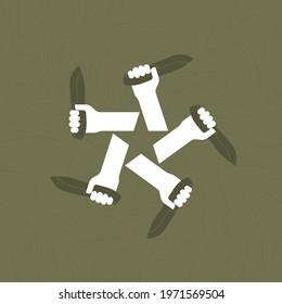 Vector star symbol, hands holding knives. Army style. Green background.