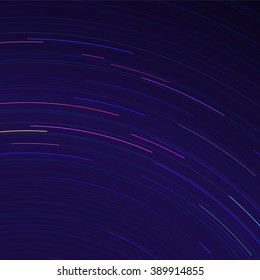Vector star trails. Long exposure effect of night sky in motion. Space galaxy lights trace. Astrophotography wallpaper.