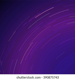 Vector star trails. Long exposure effect of night sky in motion. Space galaxy lights trace. Astrophotography wallpaper.
