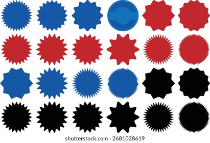 Vector Starburst Badge Shapes in Red, Blue, and Black for Labels and Stickers