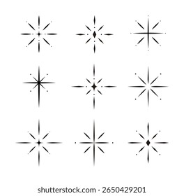 Vector starburst elementen set. Retro sunburst iconen met scherpe stralen en gestippelde stijlen voor vintage logo's, badges, of decoratieve design accenten.