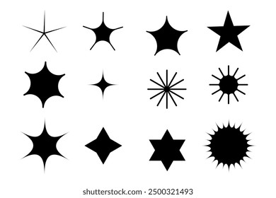 Vector de Formas starburst. Iconos geométricos negros. Abstractas diseños de estrellas. Diversos patrones de estrellas.