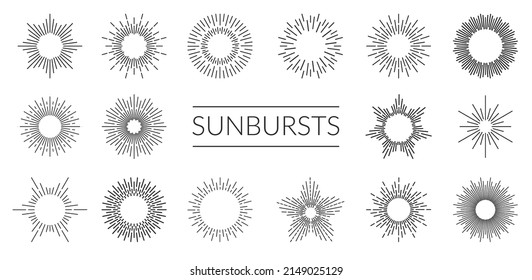 Vector starburst, sunburst elements, star burst light and sun rays line icons set. Radial shine of starbursts and sunbursts with sunbeam light, linear sunshine beams and circles of sparkling sunlight