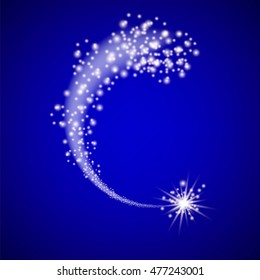 Vector Stardust Trail on Blue Background. Glitter Particles Effect. Cosmic Sparkling Wave. Magic Glow Light Texture. Illuminated Abstract Digital Wave of Glowing Stars
