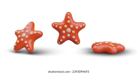 Vector starfish in different positions. 3D object, view vertically, horizontally, at angle. Set of templates for decorating seabed. Find on beach. Summer trips to coast