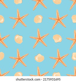 Vector Starfish y Seashells Patrón sin Marea sobre fondo azul Diseño plano de conchas de mar y estrellas de mar sobre fondo blanco Concepto de vacaciones de verano Concepto de vida marina Patrón repetible Eps 10 Diseño