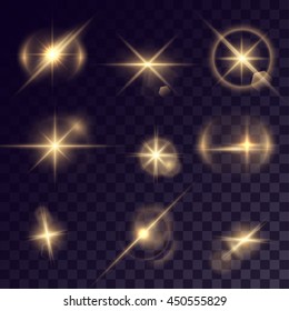 Vector starlight effects. Set of golden sparks on transparent background. Release clipping mask for work.