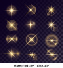 Vector starlight effects. Set of golden flares on transparent background. Release clipping mask for work.