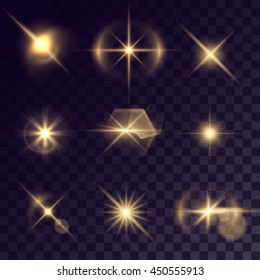 Vector starlight effects. Set of golden flashes on transparent background. Release clipping mask for work.