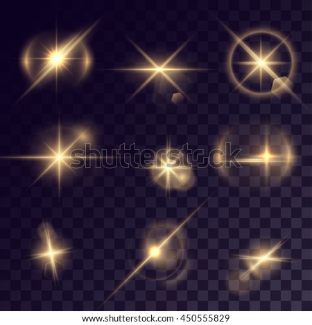 Vector starlight effects. Set of golden sparks on transparent background. Release clipping mask for work.