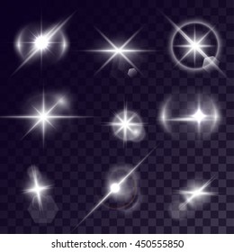 Vector starlight effects. Set of white sparks on transparent background. Release clipping mask for work.
