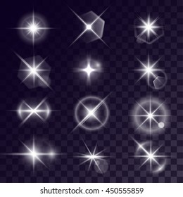 Vector starlight effects. Set of white flares on transparent background. Release clipping mask for work.