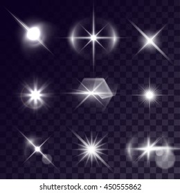 Vector starlight effects. Set of white flashes on transparent background. Release clipping mask for work.