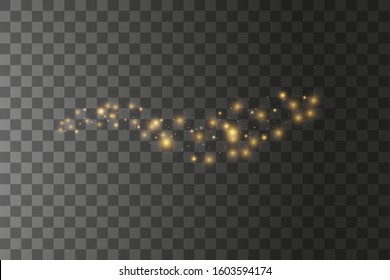 Vector starry cloud with dust. The dust is yellow sparks and golden stars shine with special light. Vector sparkles on a transparent background. Christmas light effect. Sparkling magical dust