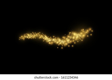 Vector starry cloud with dust. The dust is yellow sparks and golden stars shine with special light. Vector sparkles on a black background. Christmas light effect. Sparkling magical dust particles