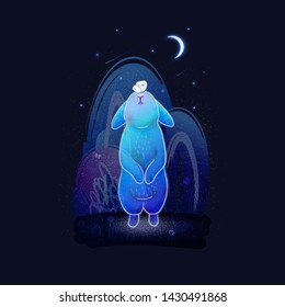 Vector starry night sky and a magical  transparante blue rabbit with a butterfly on its nose. Fairy forest, bright crescent, forest ghost and falling stars. svg