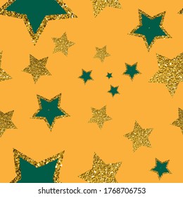 Vector starry seamless background. Golden shiny colorful stars on a yellow background.