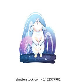 Vector starry sky and a magical white rabbit with a butterfly on the nose. Fairy forest, textural fills and flying butterflies.