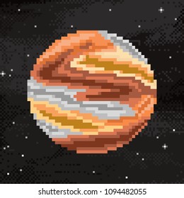 Vector of starry sky in retro pixel art style. Planet, Jupiter, spaceship. Pixel art game location. 8 bit background. 