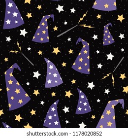 Vector Starry Wizard Hats Seamless Pattern. Surface Pattern Design perfect for fabric, scrapbooking, Halloween, kids, and home decor projects.