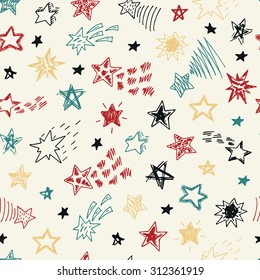 Vector Stars and Comets doodle seamless pattern. Vintage wallpaper with stars.