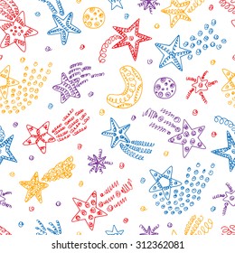 Vector Stars and Comets doodle seamless pattern. Colorful Stars Background.