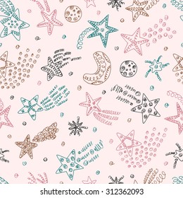 Vector Stars and Comets doodle seamless pattern. Vintage wallpaper with stars.
