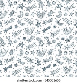 Vector Stars and Comets doodle seamless pattern. Hand Drawn Doodles illustration