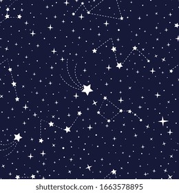 Vector stars and constellations seamless pattern. Constellations in the night sky. Night sky pattern - white constellations on a dark blue background.