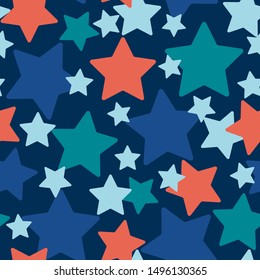 Vector stars with curved edges, blue, red and turquoise colors, on a dark blue background seamless pattern.  Ideal for children's  clothe and decoration, celebration, party, patriotic theme, giftwrap