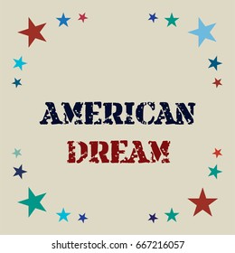 Vector stars frame. Retro border design, American Dream lettering, jeans denim pattern. Red, blue, turquoise stars on a beige or ocher background. American identity colours, cowboy style border. - Shutterstock ID 667216057