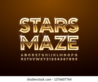 Vector Stars Maze Alphabet set. Golden sparkling Font. Luxury Uppercase Letters and Numbers