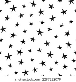 Vector stars pattern. Seamless background with big and small stars splattered chaotically on the white square. Messy hand drawn illustration. Starry sky texture digitally created with a tablet 