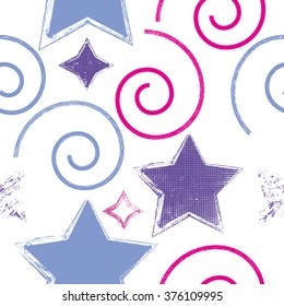 Vector Stars Seamless Pattern . repeating Texture with Grunge spiral Elements . 
