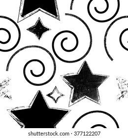 Vector Stars Seamless Pattern . repeating Texture with Grunge Spiral Elements . 
