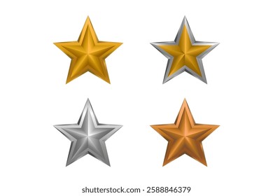 Vector stars set of realistic golden, silver, bronze stars isolated on white background. 