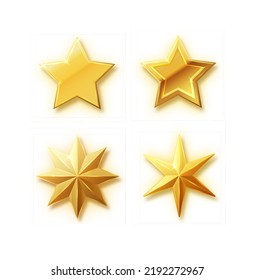 Vector stars set of realistic metallic golden stars isolated on white background. Glossy yellow 3D trophy star icon.