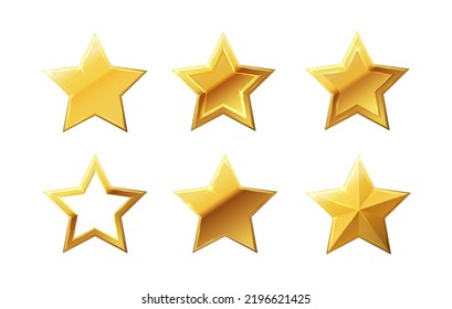 Vector stars set of realistic metallic golden stars isolated on white background. Glossy yellow 3D trophy star icon.