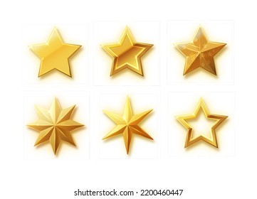 Vector stars set of realistic metallic golden stars isolated on white background. Glossy yellow 3D trophy star icon.