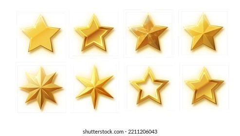 Vector stars set of realistic metallic golden stars isolated on white background. Glossy yellow 3D trophy star icon.