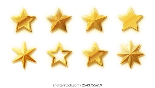 Vector stars set of realistic metallic golden stars isolated on white background. Glossy yellow 3D trophy star icon.