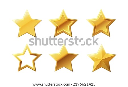 Vector stars set of realistic metallic golden stars isolated on white background. Glossy yellow 3D trophy star icon.