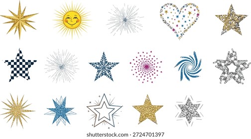 Vetor, estrelas, sol, coração, celestial, brilho, textura, formas, padrão, ícones, colorido, decorativo, elementos, faísca, festivo, design, astronomia, coleção, criativo