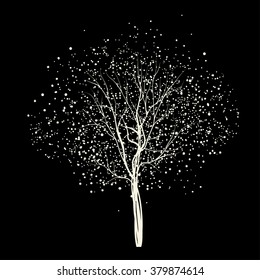 Vector of  stars tree background, fantasy nature, scene with snowflakes, stars, dreams. For cards and book cover design