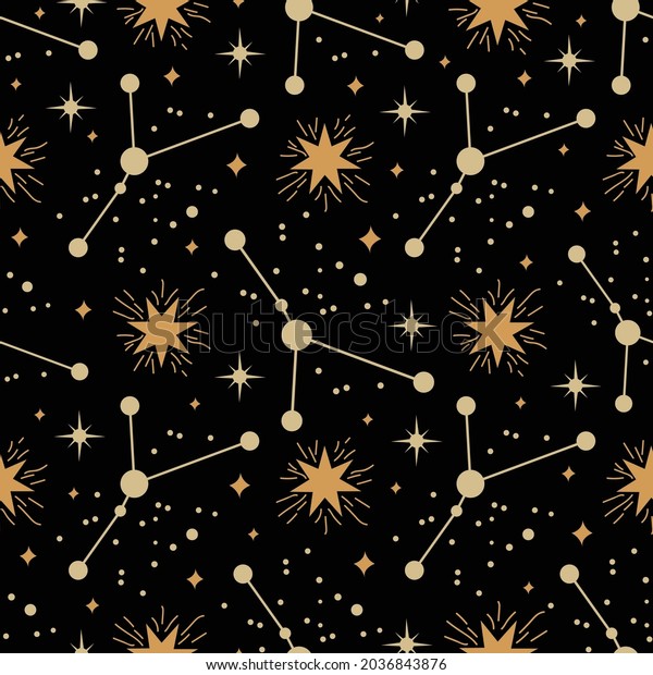 Vector stars with zodiac signs seamless\
pattern background on black surface. Good use for astrology\
projects, fabrics, wallpaper and many\
more.