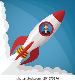 Vector start up business concept with businessman in space rocket window
